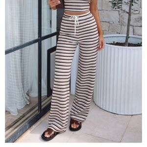 White Fox So Much Drama Striped Pants Brown White Sweats Loungewear Size XS